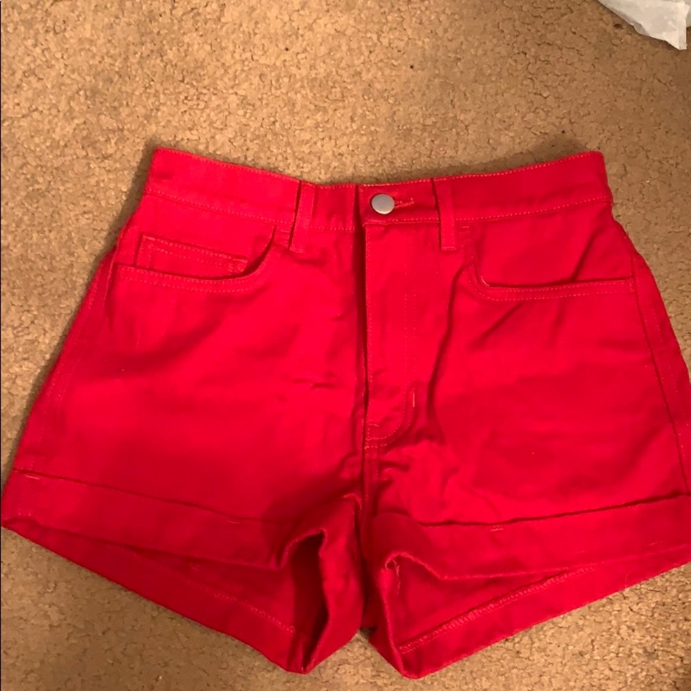 Red American apparel high waisted jean shorts